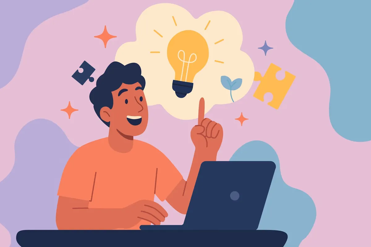 Ilustración de una persona sonriente frente a un portátil, con una idea representada por una bombilla